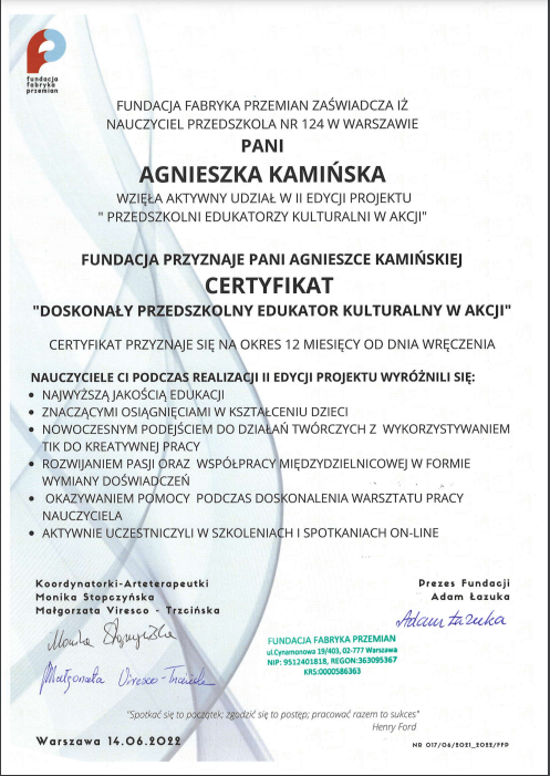 Certyfikat dla Pani Agnieszki